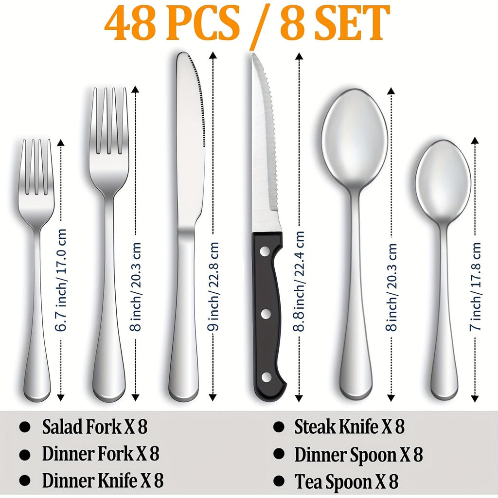 48-Piece Silverware Set with Steak Knives, Service for 8 – 304 Stainless Steel Flatware Cutlery Set, Mirror Finish, Dishwasher Safe Spoons, Forks, and Knives, Silver/Black