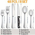 48-Piece Silverware Set with Steak Knives, Service for 8 – 304 Stainless Steel Flatware Cutlery Set, Mirror Finish, Dishwasher Safe Spoons, Forks, and Knives, Silver/Black