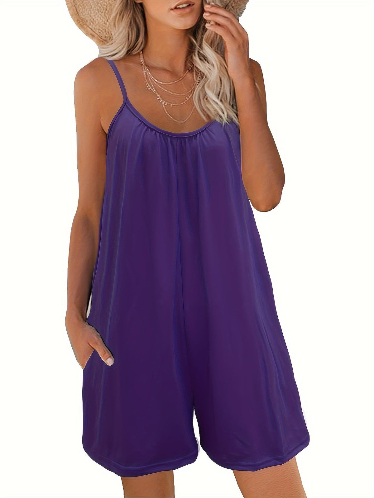 Women's Solid Color Strappy Sleeveless Cami Wide-Leg Jumpsuit with Pockets, Summer Casual Beach Romper