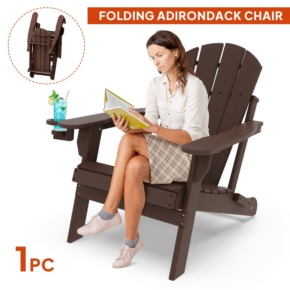 Folding Adirondack Chair with Cup Holder Portable Recliner Stainless Steel Frame Durable Plastic Easy Clean for Patio Poolside Garden Camping Set of 1 2 4 6