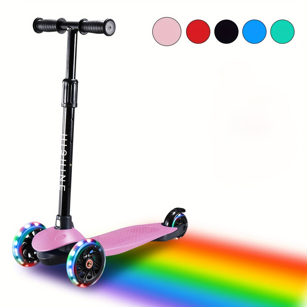 Kids 3-Wheel Scooter with Light-Up Wheels – Adjustable Height Lean-to-Steer Toddler Scooter for Ages 2-5, Front Brake & Double Suspension, Pink Blue Black Red