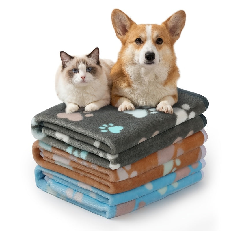 Fleece Pet Blanket 3-Pack for Dogs, Cats & Puppies – Super Soft, Fluffy, and Tear-Resistant Flannel Throw, Paw Print (Brown, Pink, White), Machine Washable, Includes Free Pet Drying Towel