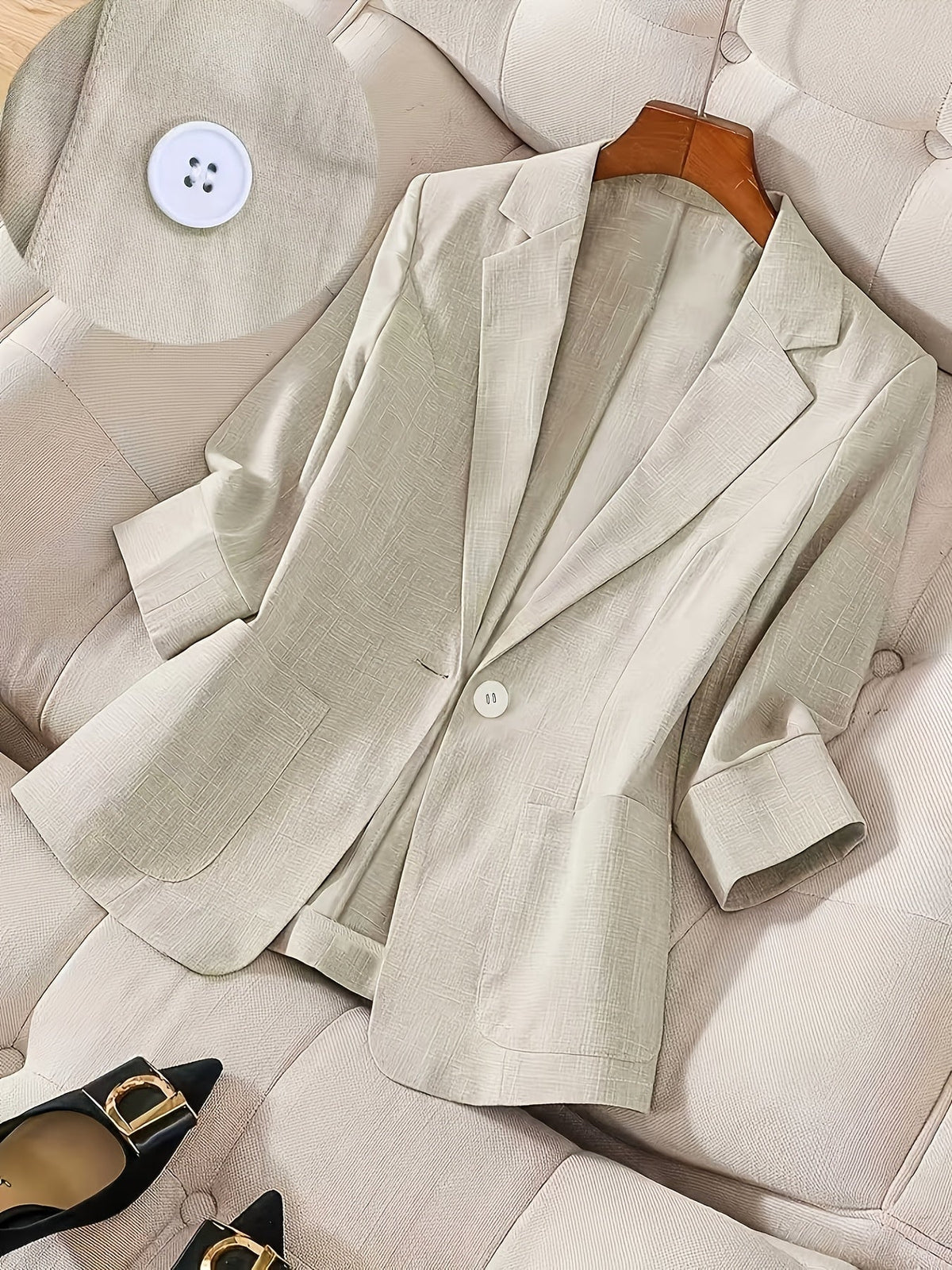 Women's Single-Button 3/4 Sleeve Lightweight Blazer | Elegant Casual Spring/Summer/Fall Outerwear | Professional Solid Color Office Business Suit Jacket S M L XL XXL