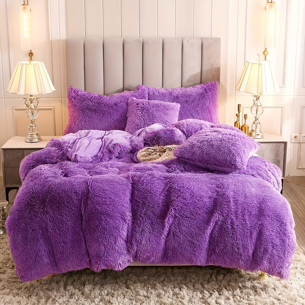 Plush Duvet Cover Set 3 Piece, Long Hair Knitted Polyester, Solid Color Fuzzy Comforter Cover with Zipper Closure, All-Season Soft Cozy Bedding Set for Bedroom, Multiple Colors Available