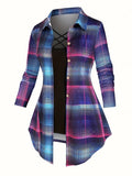 Women's Retro 2-Piece Set - High-Waist Plaid Long Sleeve Blouse & Suspender Skirt | Vintage Button Lapel Collar Fall Spring Fashion Outfit
