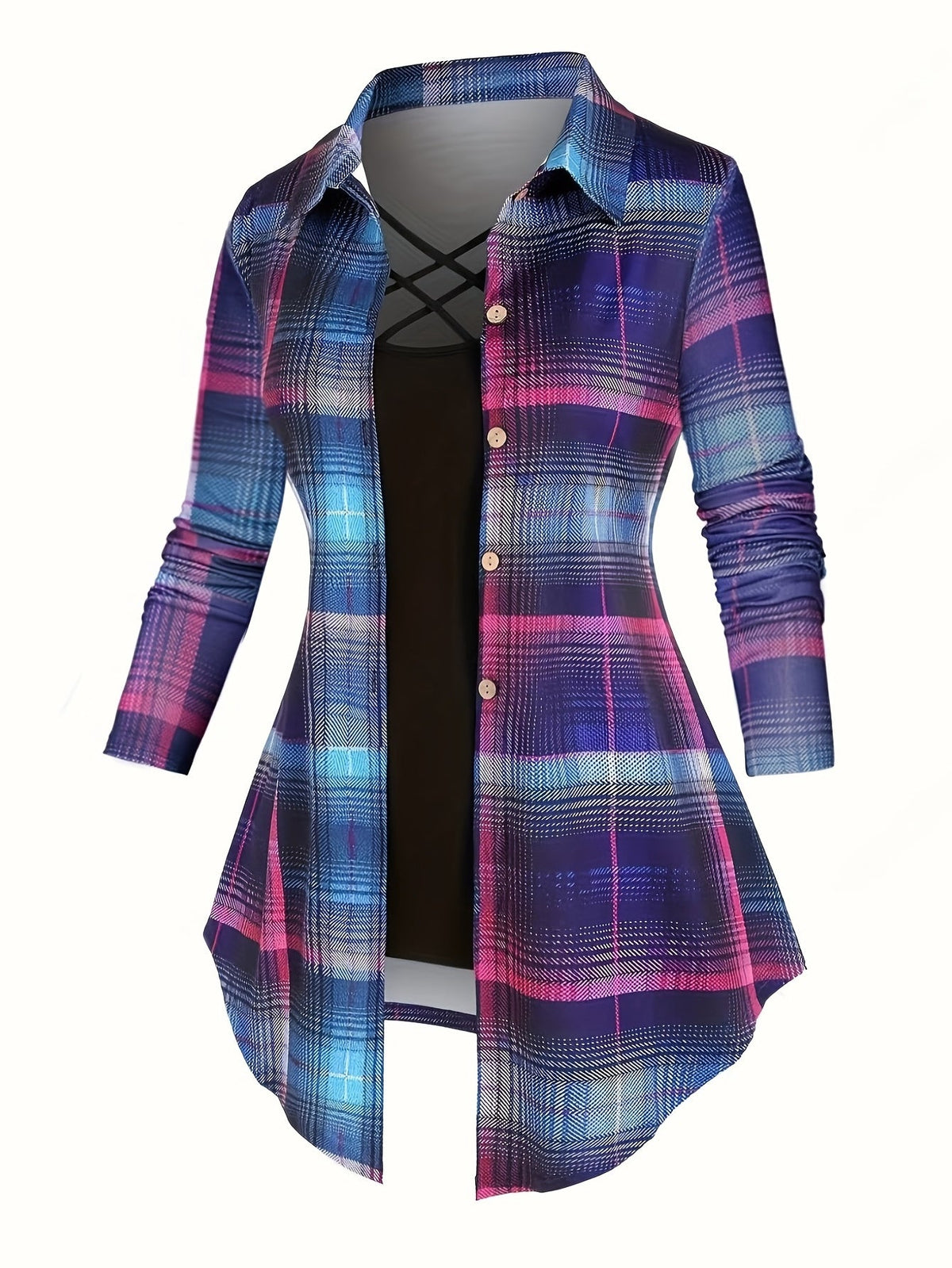 Women's Retro 2-Piece Set - High-Waist Plaid Long Sleeve Blouse & Suspender Skirt | Vintage Button Lapel Collar Fall Spring Fashion Outfit