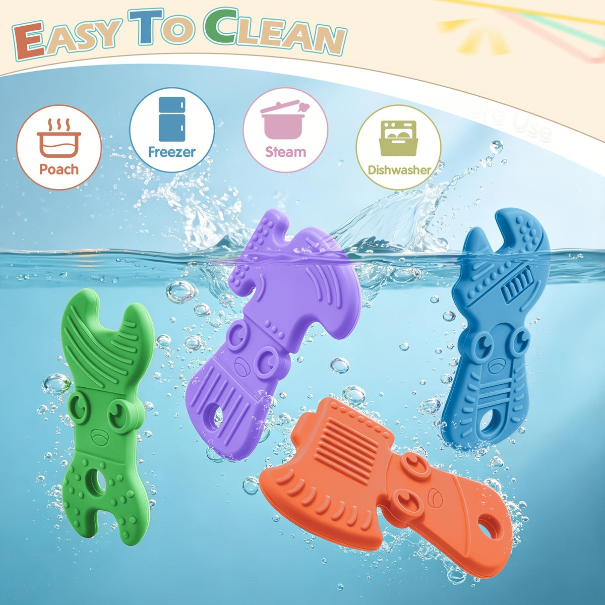 4-Pack Silicone Baby Teething Toys Set, Tool-Shaped Molar Teether Chew Toys (Hammer Wrench Spanner Pliers) for Boys & Girls 0+, Soft Textured Easy to Hold & Clean, Light & Dark Color Series