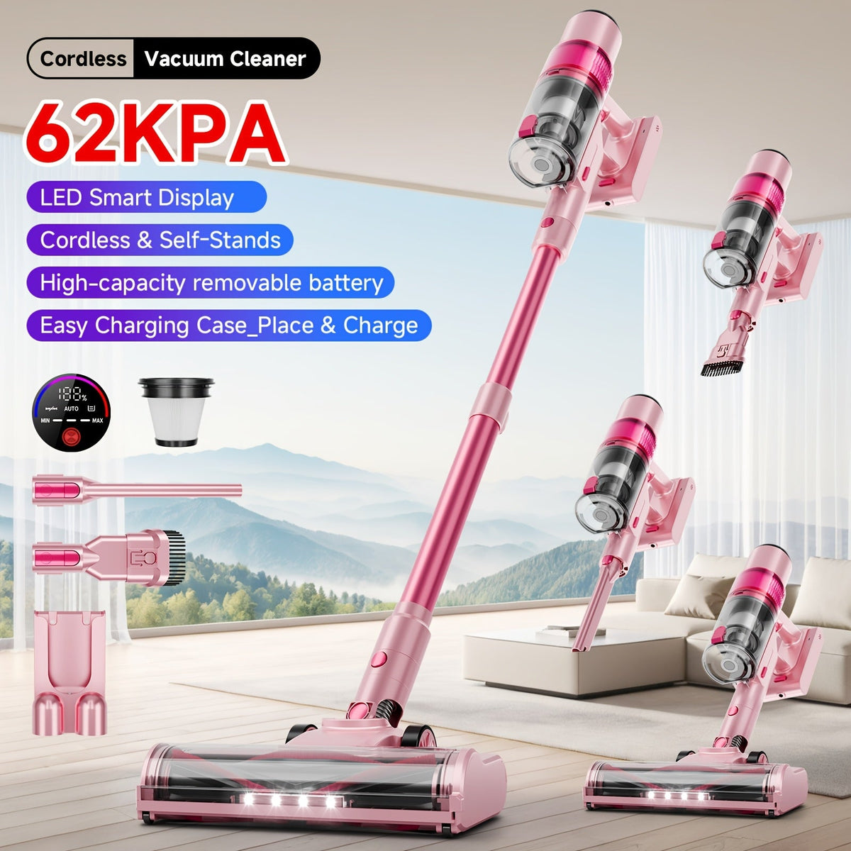 Cordless Vacuum Cleaner 550W 62Kpa Powerful Suction LED Smart Display Anti-Tangle Brush Removable Battery Lightweight All-in-1 for Home Carpet Pet Hair Hardwood Floor Multiple Colors