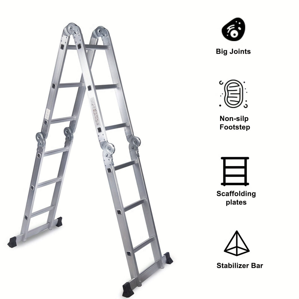 330lb 12.5ft 7-in-1 Multi-Purpose Aluminum Folding Extension Ladder – Foldable Lightweight Scaffold Step Ladder for Home, Garage, Construction & Outdoor Use
