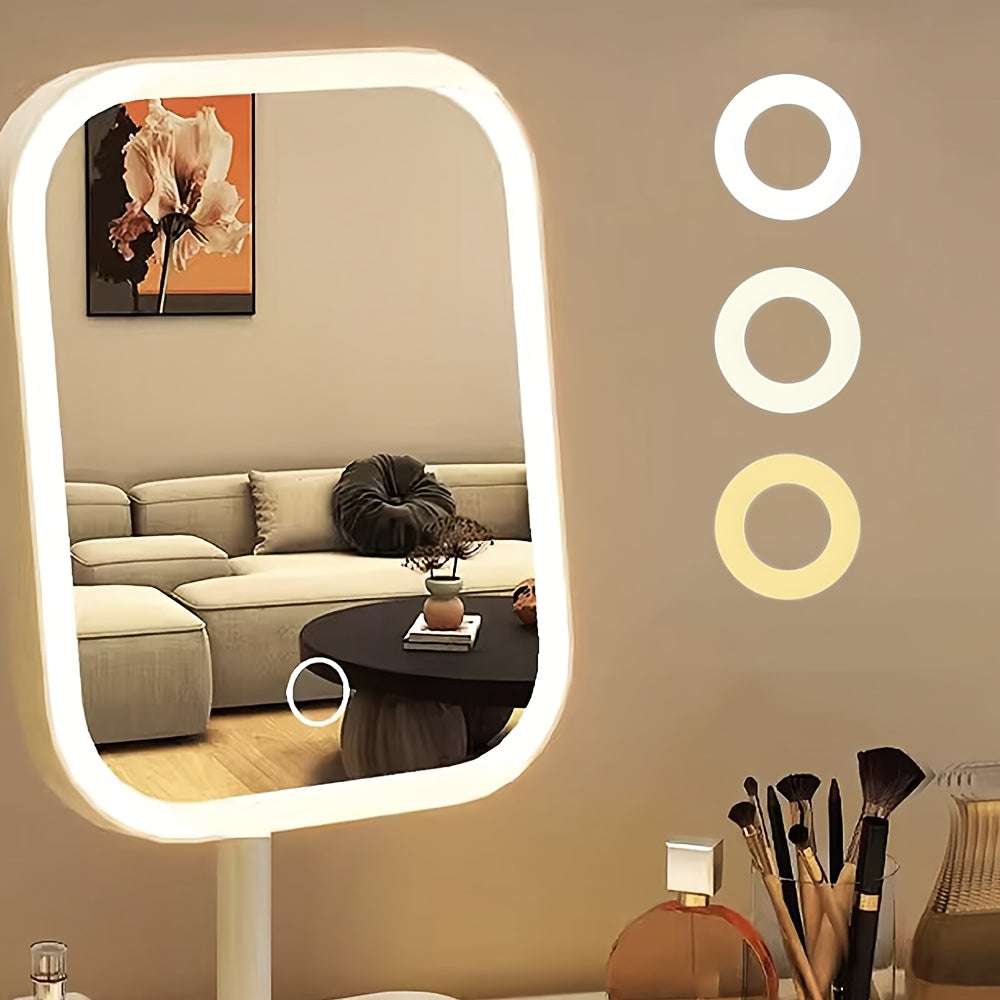 LED Makeup Mirror - Rechargeable Desktop Vanity Mirror with Lights - 3 Light Modes, Touch Control & Adjustable Brightness - Portable Travel Beauty Mirror - White & Pink
