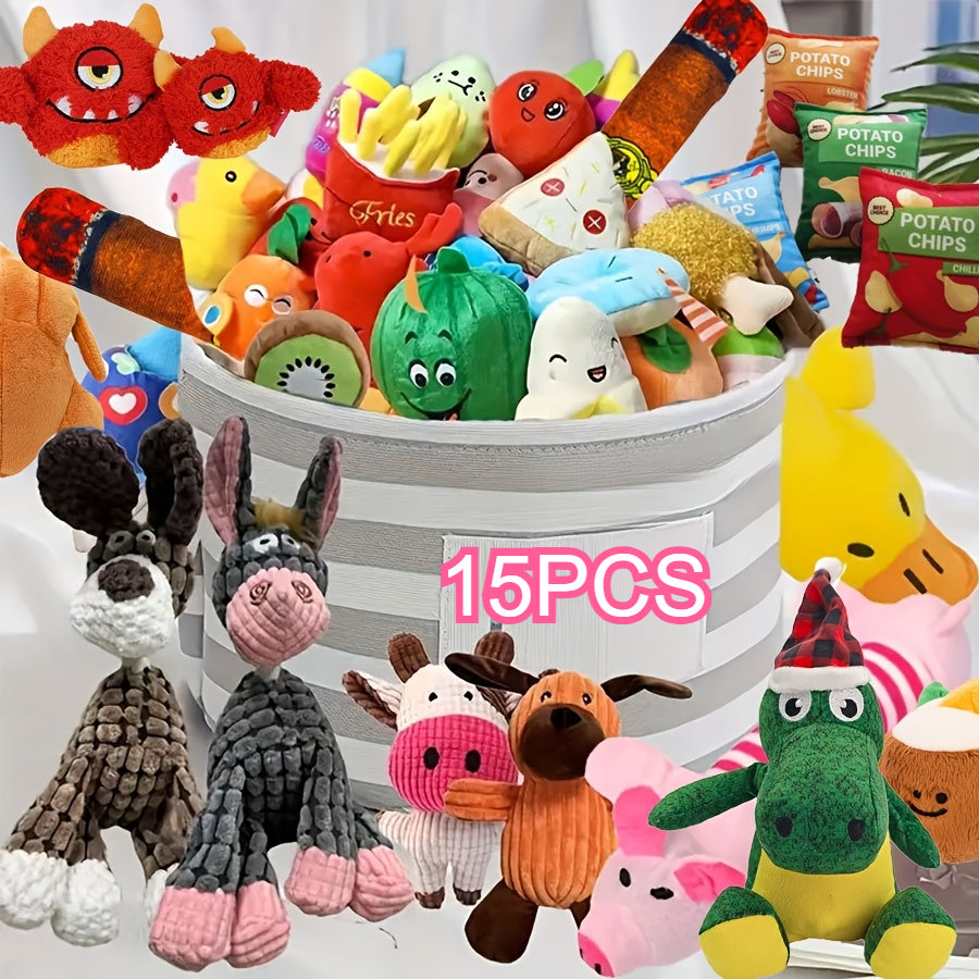 15-Piece Cartoon Plush Squeaky Dog Toy Set – Cute Random Styles, BB Squeaker Chew Toys for Small Dogs, No Battery Needed, Durable Soft Plush Toys for Teeth Cleaning & Play, Variety Gift Pack