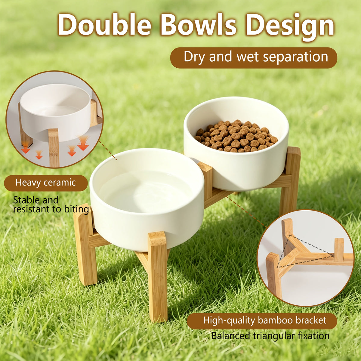Elevated Ceramic Dog Bowl Set with Bamboo Stand - Raised Double Dog Bowls 28.74oz Non-Slip Feeder for Dogs, Cats & Puppies, Adjustable Height Slow Feed Dog Food Bowl with Storage (4 Colors)