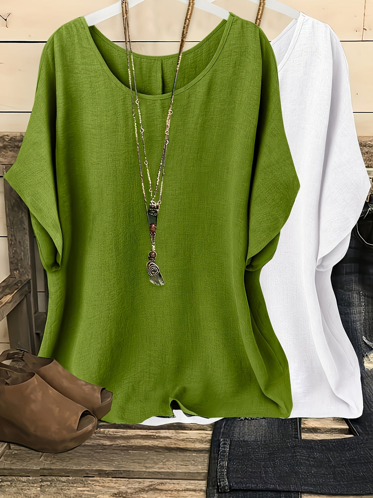 Women's Batwing Sleeve Shirt 2-Piece Set, Casual Vacation Round Neck Solid Color Loose Top, S-XXL, Multiple Colors | US Warehouse Fast Shipping