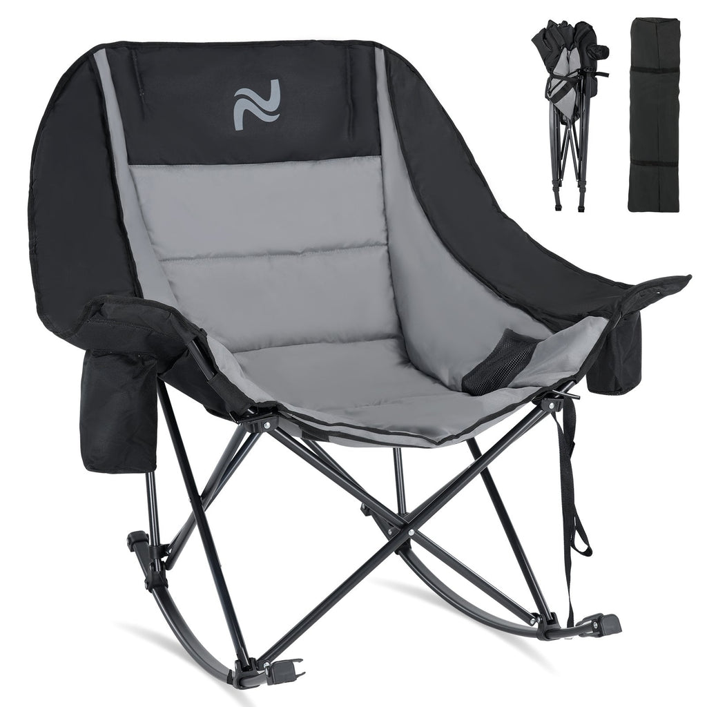 Oversized Rocking Camping Chair – 400 LB Capacity Fully Padded High Back Portable Lawn Recliner with Cooler Bag & Side Pocket for Camp Patio & Outdoor in Black Gray & Blue