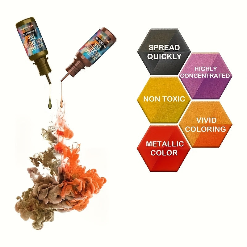 12-Color Metallic Alcohol Ink Set for Epoxy Resin Art – Concentrated Glitter Alcohol Pigment Dye for Resin Petri Dish & Cup Making, 0.34 fl oz per Bottle