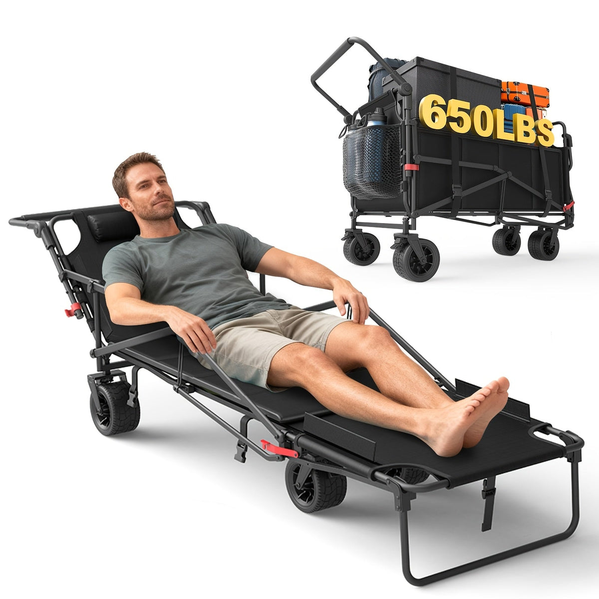 Heavy Duty Folding Wagon 2-in-1 Collapsible Cart and Beach Chair 400 420 650LBS Capacity All-Terrain 360 Swivel Wheels with Brakes Side Pockets for Camping Beach Groceries