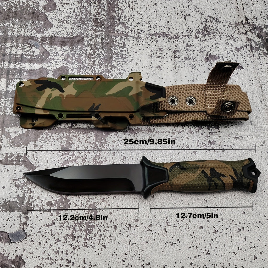Outdoor Fixed Blade Knife – Stainless Steel Straight Blade, Non-Slip Handle, K-Sheath, EDC Hunting, Fishing, Camping, Survival Knife, Camouflage, Multi-Purpose Field Tool for Men