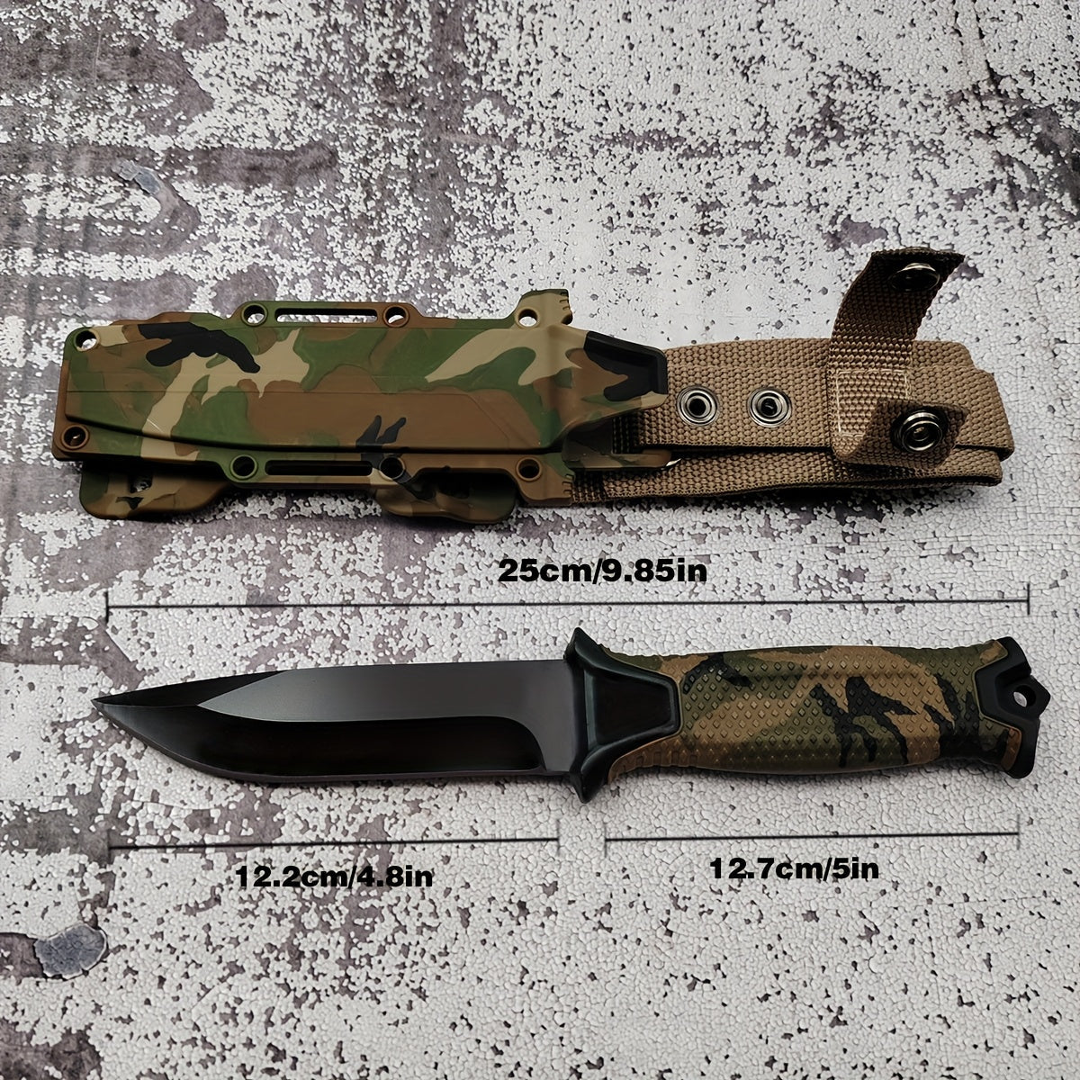 Outdoor Fixed Blade Knife – Stainless Steel Straight Blade, Non-Slip Handle, K-Sheath, EDC Hunting, Fishing, Camping, Survival Knife, Camouflage, Multi-Purpose Field Tool for Men