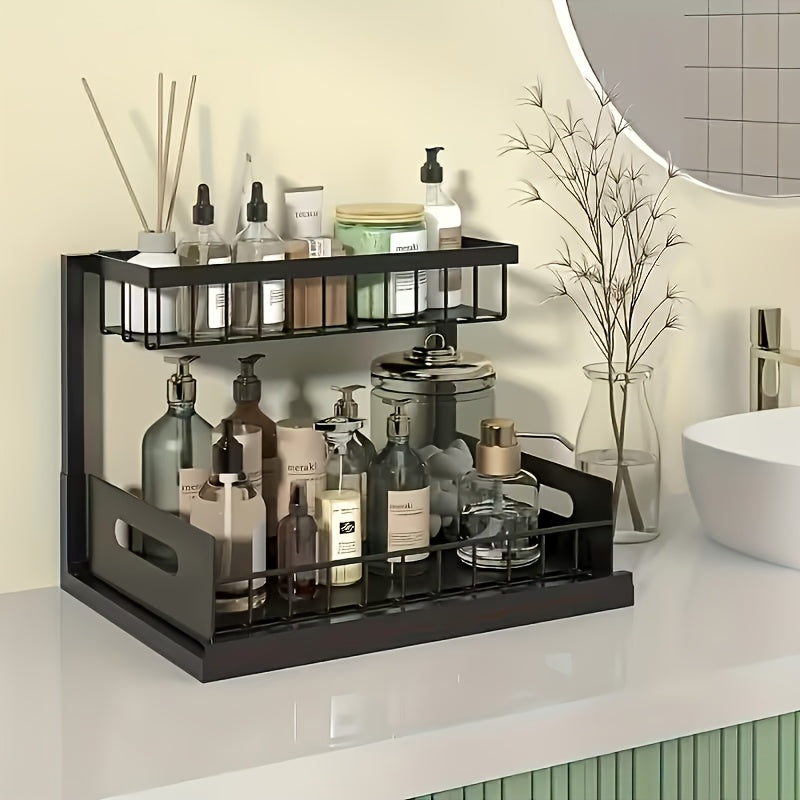 Pull-Out Under Sink Organizer, 2-Tier Slide-Out Cabinet Shelf, Kitchen/Bathroom Utility Storage Rack, Sliding Cabinet Organizer for Under Sink, Kitchen, Bathroom, or Pantry – 1 or 2 Pack Options