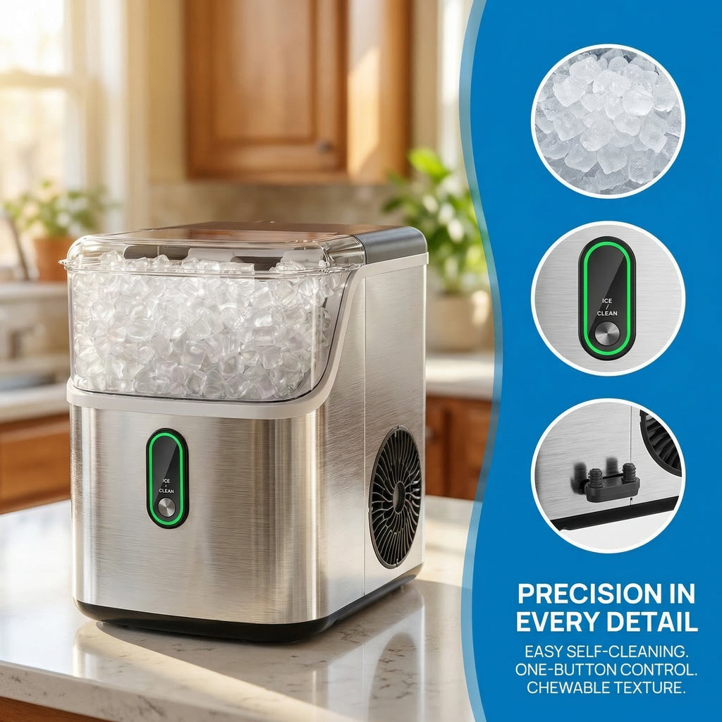 Nugget Ice Maker Countertop 33Lbs/Day Self-Cleaning, Portable Pebble Chewing Ice Machine with One-Button Control & 1.1L Tank, Compact Quiet for Home, Office & Outdoor Party