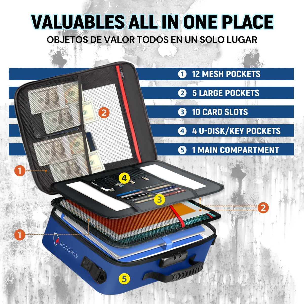 Fireproof Document Bag with Combination Lock & Reflective Strip – 17x11.8x5 Inch Multi-Layer File Organizer for Passports, Cash, Cards, Certificates, A4 & Legal Size Documents – Ideal for Home, Office, and Travel Safety