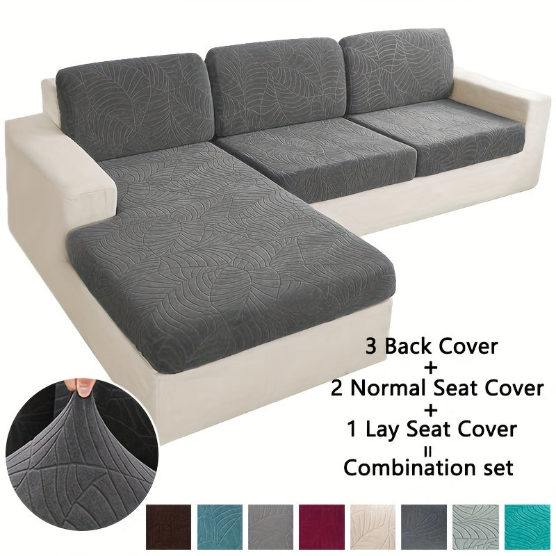 6-Piece Sofa Cover Set - Leaf Jacquard, High Elasticity, Elastic Band, Sectional & Concubine Style, Removable & Easy to Clean Furniture Protector - Light Blue, Chocolate, Beige, Dark Gray, Wine Red, Light Grey, Dark Blue & Matcha Green