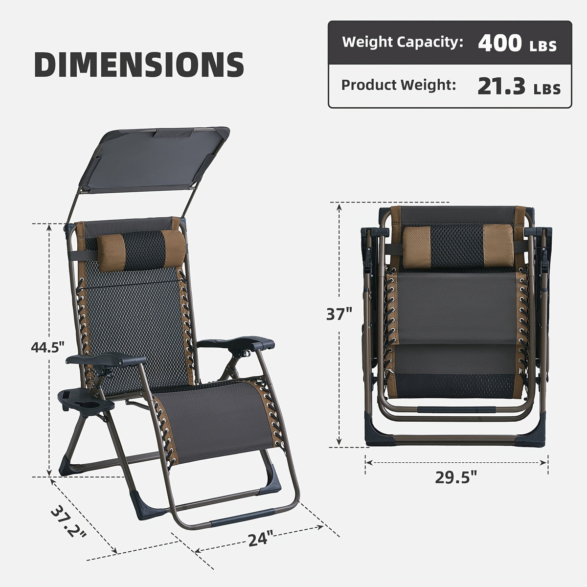Zero Gravity Chairs with Canopy, Set of 2, 400 Lb Capacity, Adjustable Folding Anti-Gravity Recliner, Side Tray & Headrest, for Patio, Beach & Camping Outdoor Lounging