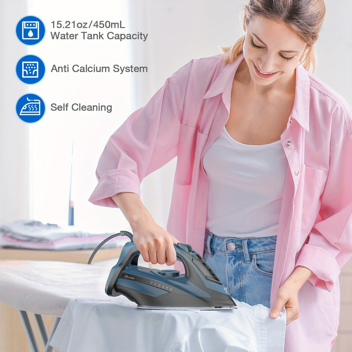 Steam Iron for Clothes 1700W – Ceramic Coated Soleplate Rapid Heating Precise Thermostat Auto-Off Self-Cleaning 450ML Water Tank in Blue