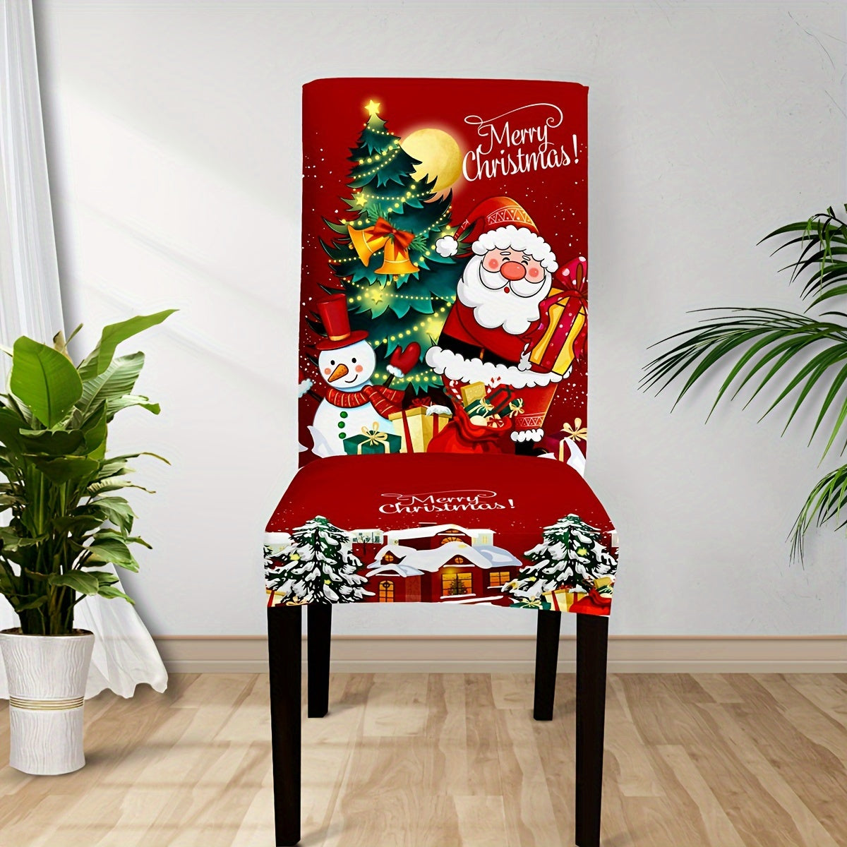 4/6-Piece Santa Claus & Snowman Christmas Chair Covers - Digital Print, Removable & Washable Elastic Seat Covers - Home, Office, Restaurant & Banquet Hall - Holiday Decoration