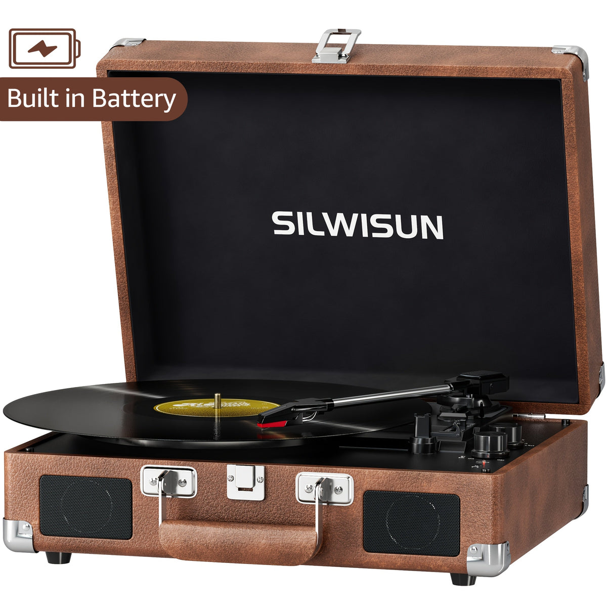 Portable Suitcase Vinyl Record Player – 3-Speed Turntable with Built-In Battery Wireless Speakers Headphone Jack AUX & RCA in Pink Green Brown