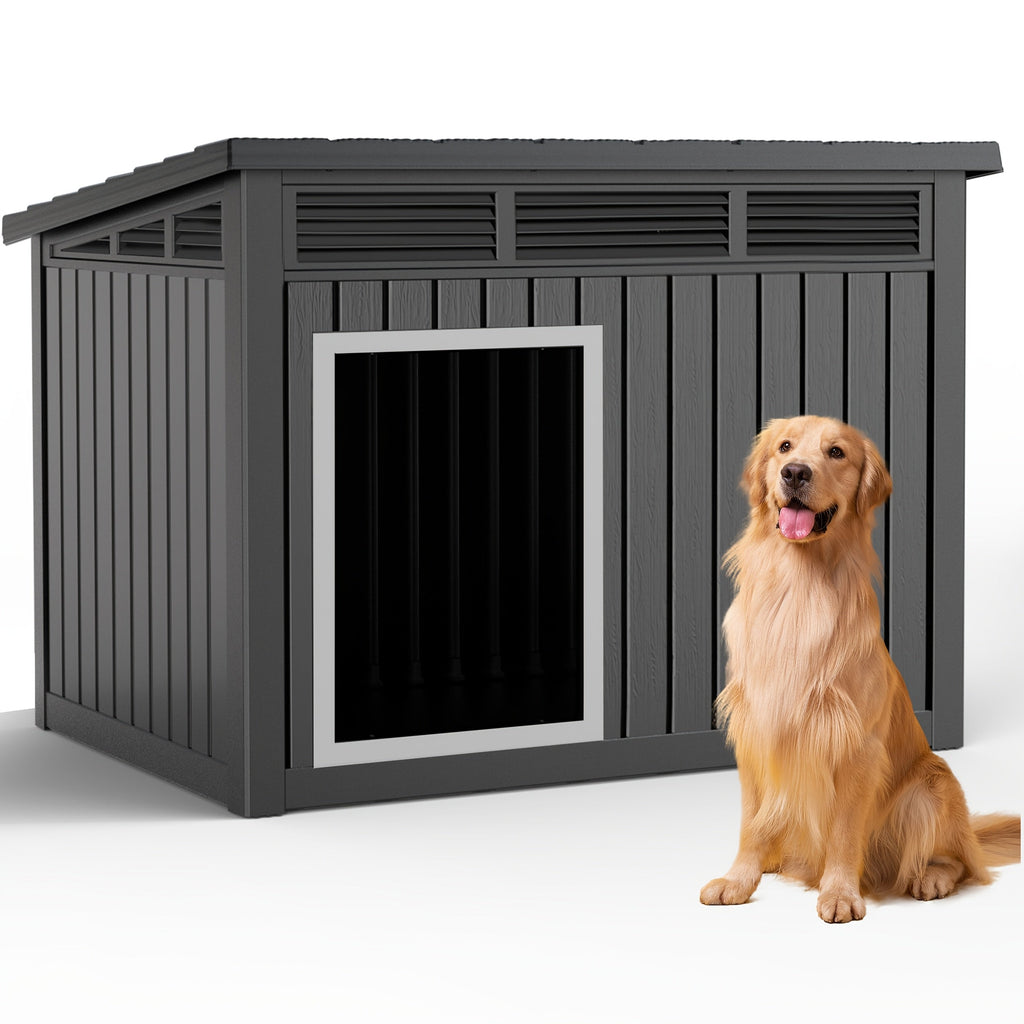 XXXL Outdoor Resin Dog House, Slant-Roof with Gas-Lift Ventilated Canopy, StormProof UV-Resistant All-Weather Shelter for Large Dogs & Multi-Pet Households, Indoor Outdoor Dog Villa, Quick Assembly