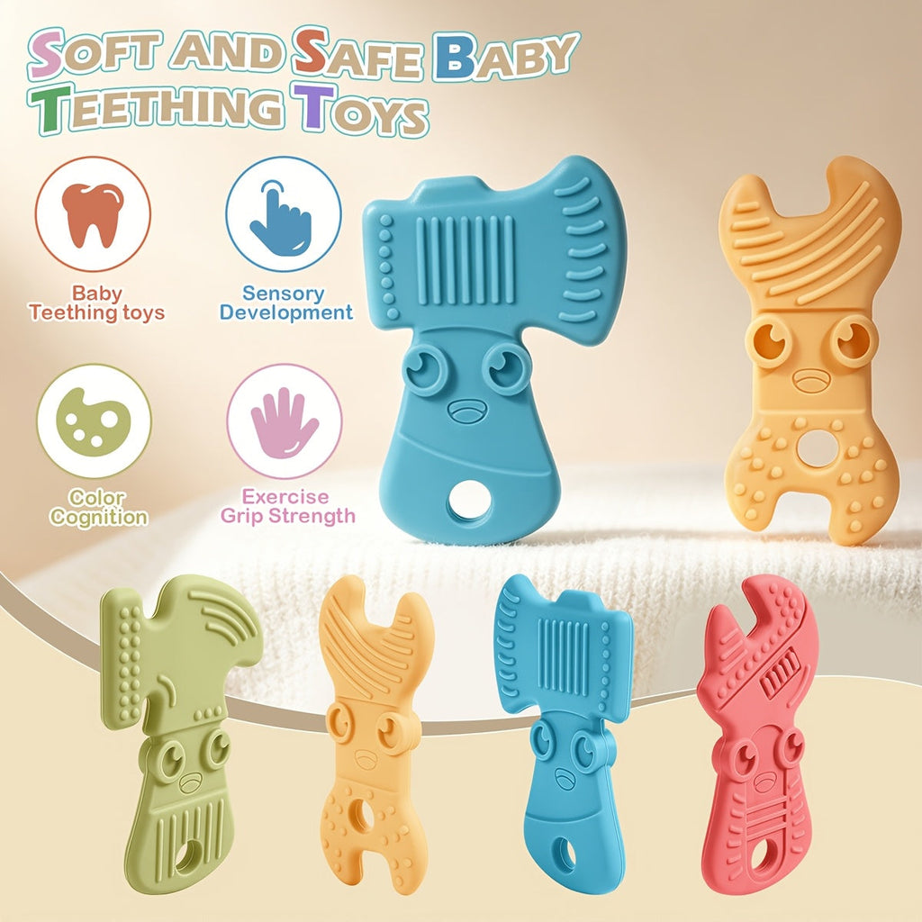 4-Pack Silicone Baby Teething Toys Set, Tool-Shaped Molar Teether Chew Toys (Hammer Wrench Spanner Pliers) for Boys & Girls 0+, Soft Textured Easy to Hold & Clean, Light & Dark Color Series