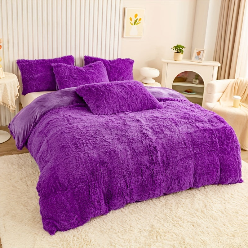 Plush Duvet Cover Set 3 Piece, Long Hair Knitted Polyester, Solid Color Fuzzy Comforter Cover with Zipper Closure, All-Season Soft Cozy Bedding Set for Bedroom, Multiple Colors Available