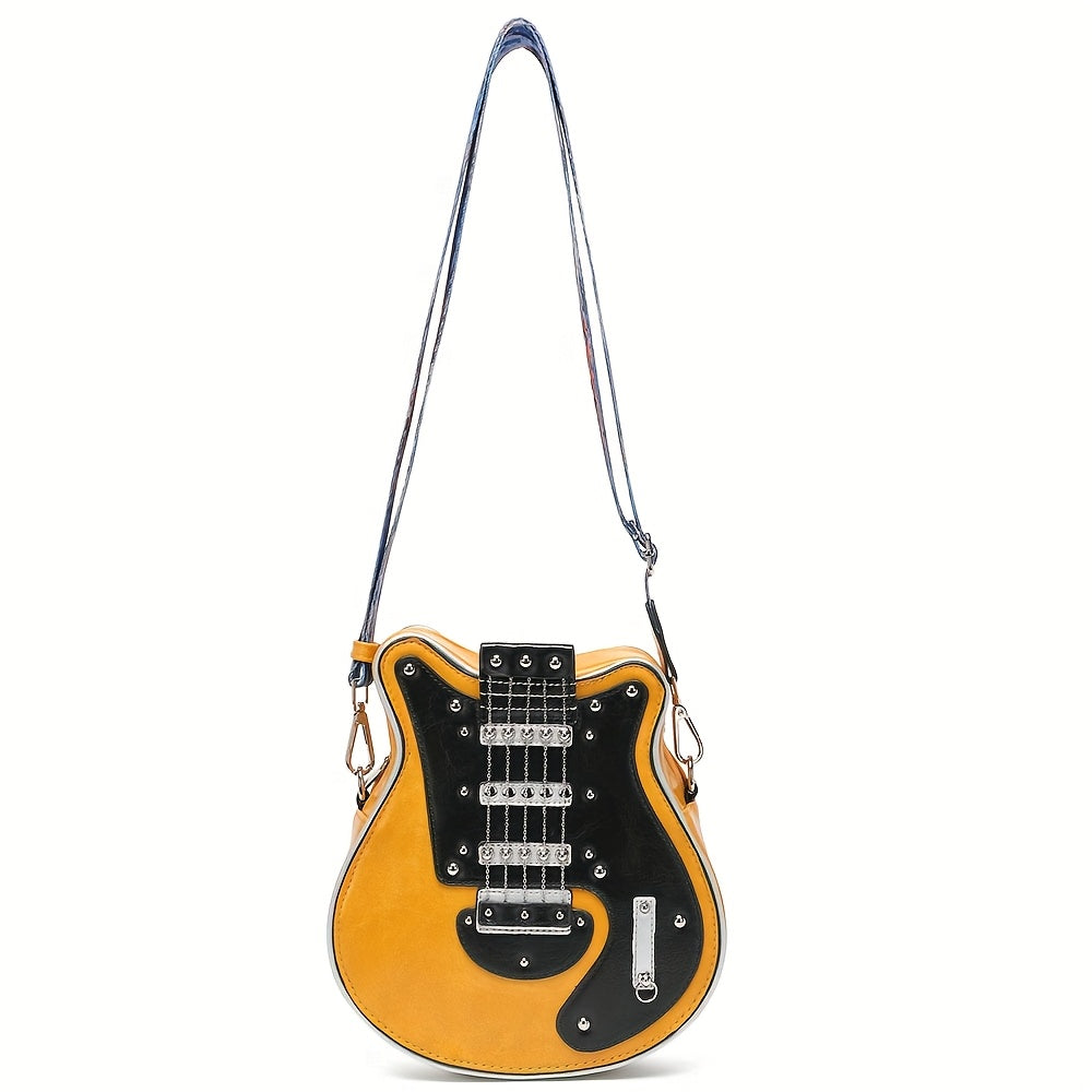 Y2K Retro Guitar Shaped Bag - Crossbody & Shoulder Bag with Chain Rivet Decoration, Color Contrast, Wide Strap, Street Style for Women & Unisex - Yellow, Red, Blue & Black