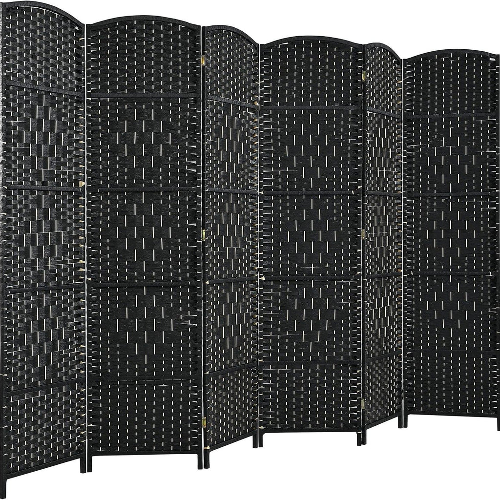 6-Panel 6ft Tall Folding Room Divider Hand-Woven Paper Fiber & Poplar Frame Freestanding Privacy Screen for Bedroom Living Room Office & Porch – No Assembly, Air Circulation, Black/Brown