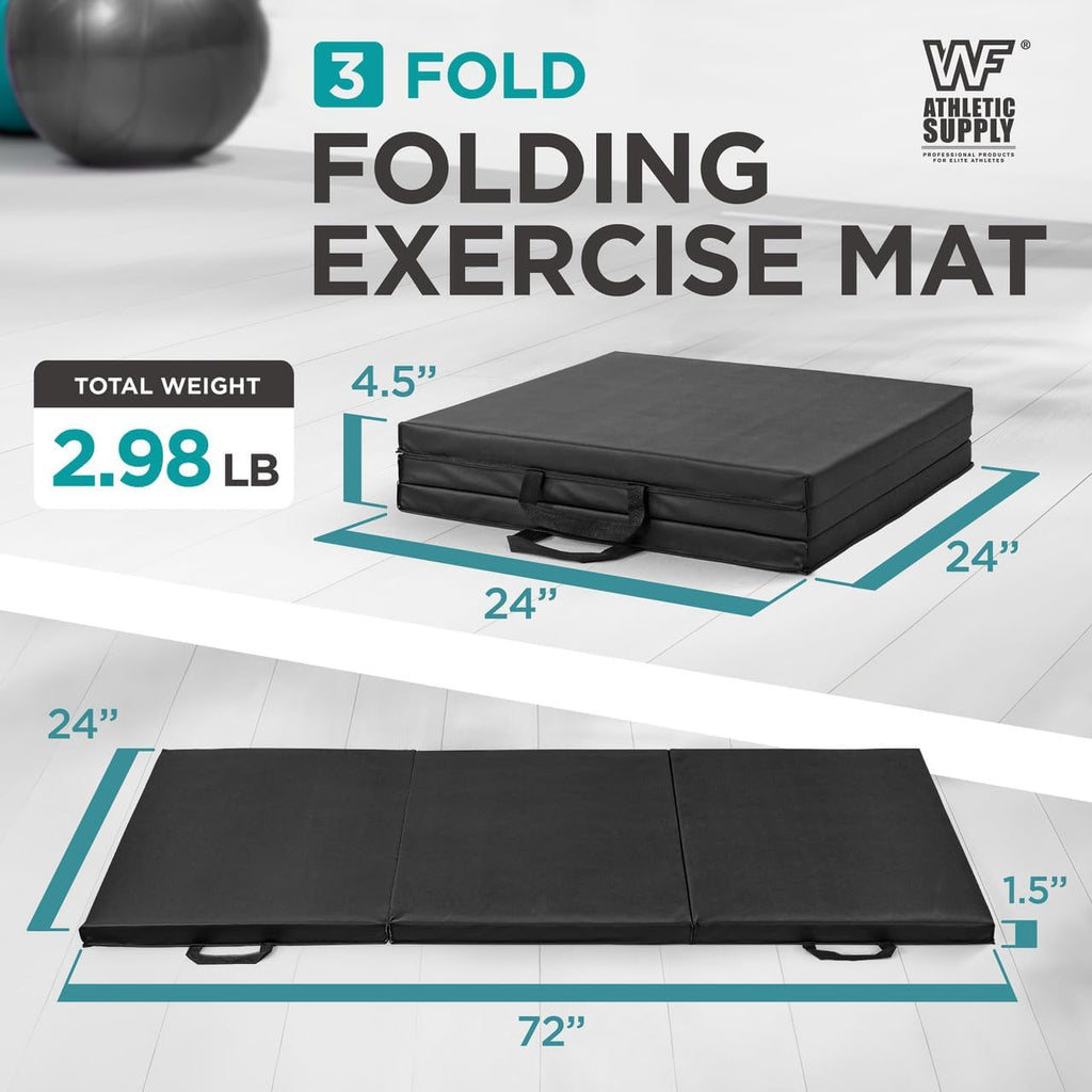 Tri-Fold Exercise Mat, 1.5" Thick with Carrying Handles - High-Density Foam Foldable Gym Mat for Gymnastics, Yoga, MMA, Core Workouts & Stretching, 72" x 24", Easy Storage & Portable