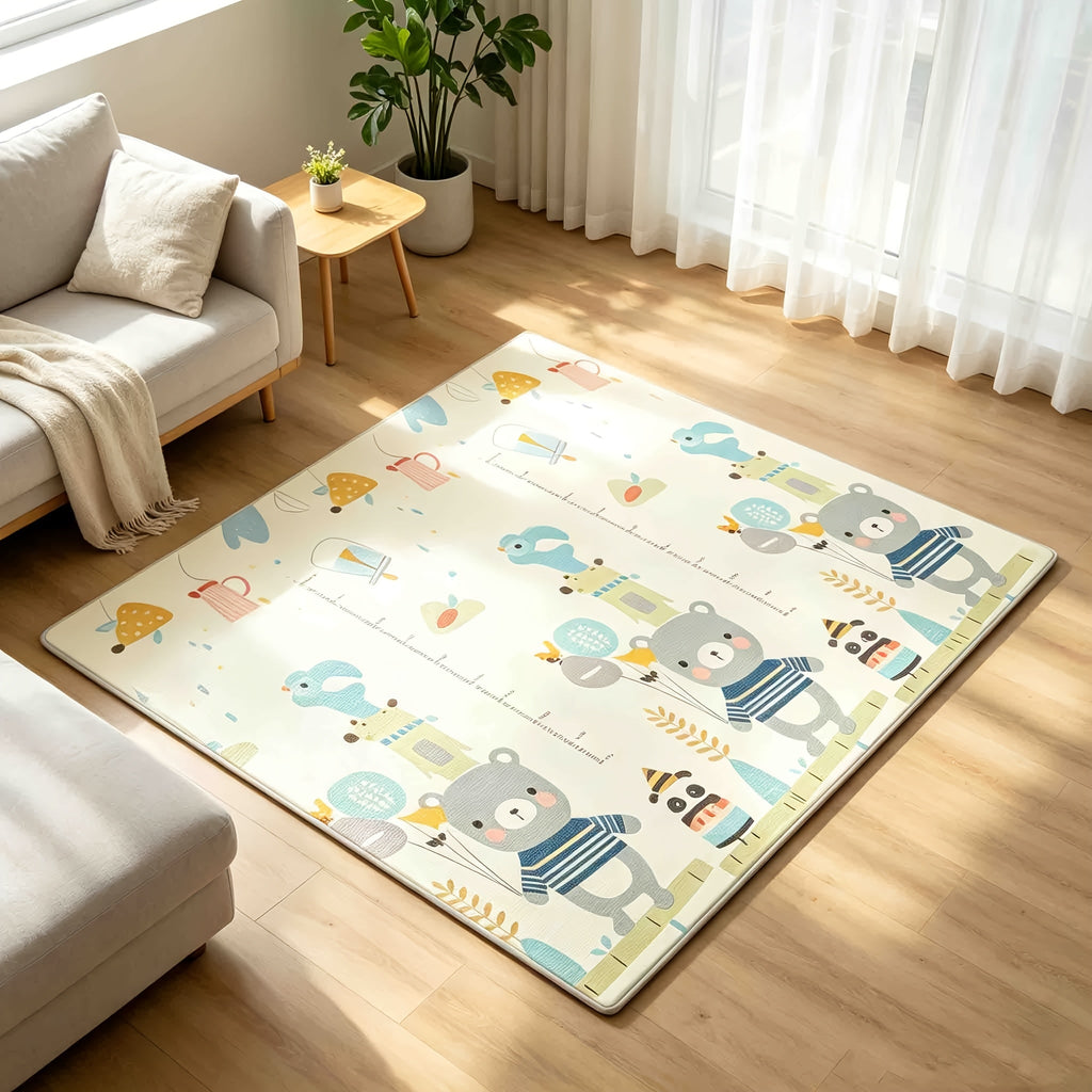 Baby Crawling Mat Non-Toxic Odorless Easy to Clean Space-Saving 47x47 Inch for Indoor Crawling Outdoor Picnic – Bear Party Design