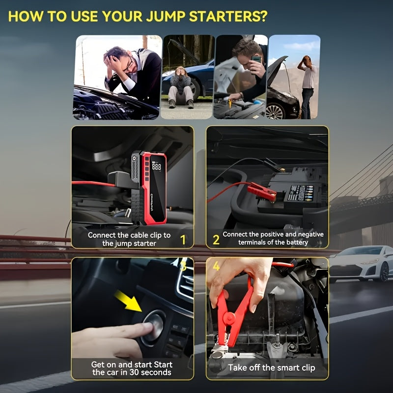 Jump Starter with Digital Tire Inflator, 5000A/10000A Peak, Multi-Function Car Jump Box with Smart Battery Clamps, LED Flashlight, and Power Bank, Emergency Kit for Car, RV, and Motorcycle