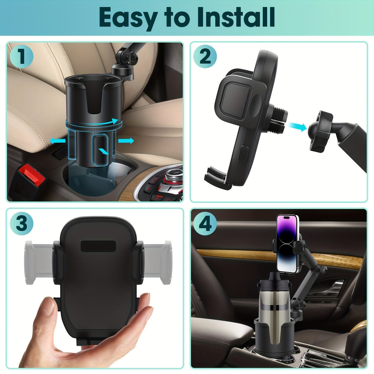 Car Phone Cup Holder Mount 2-in-1, 360° Swivel Rotation, Universal Fit for Cars, SUVs, and Trucks with Shock-Absorbing Trim - Black Extender