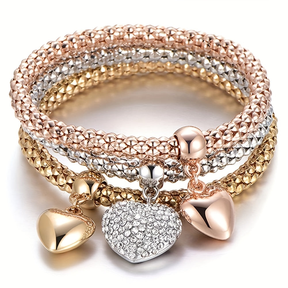 3PC Stainless Steel Stackable Bracelet Set for Women – Gold, Silver, & Rose Gold Wheat Chain & Heart Tree of Life Elastic Bracelet, Hypoallergenic Daily & Party Wear