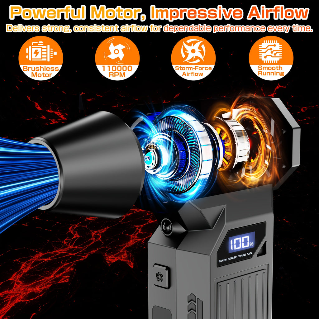110,000 RPM Cordless Turbo Electric Air Duster – 4-Speed Smart Display 5 Nozzles & High-Capacity Battery for Computer Keyboard Car & Outdoor Cleaning in Black (with Optional Cleaning Kit)