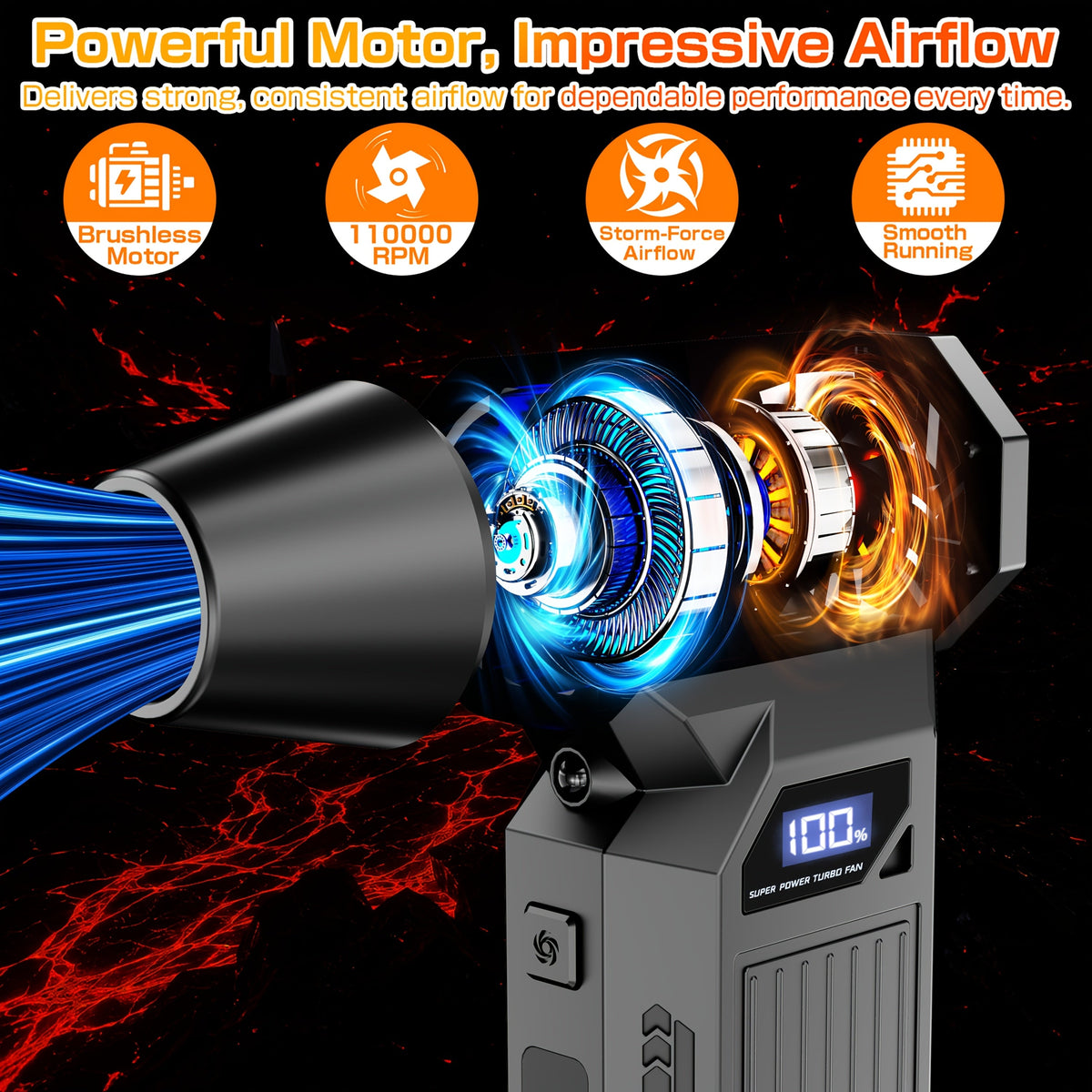 110,000 RPM Cordless Turbo Electric Air Duster – 4-Speed Smart Display 5 Nozzles & High-Capacity Battery for Computer Keyboard Car & Outdoor Cleaning in Black (with Optional Cleaning Kit)