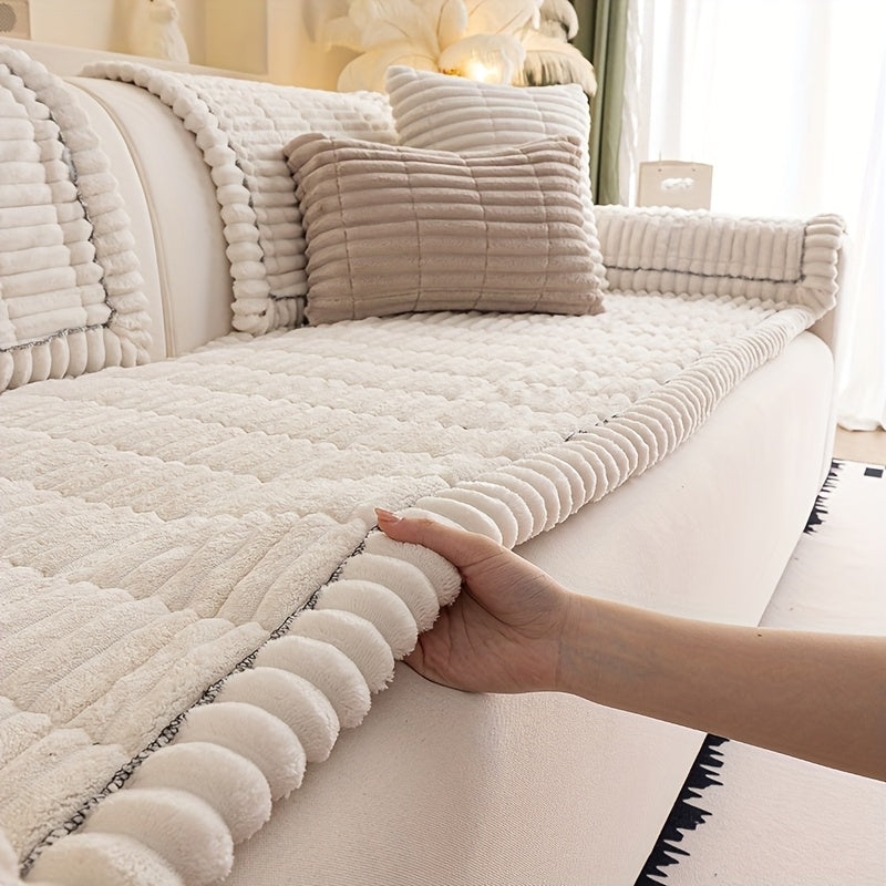 Bohemian Plush Thickened Sofa Cover with Ruffled Trim - Pet-Friendly Home Protection - Single Seat, Loveseat, 3-Seater & 4-Seater - Off White, Khaki, Light Grey & Deep Gray