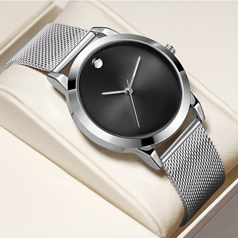 Men's Minimalist Stainless Steel Band Quartz Watch, Slim Round Dial, Casual Fashion Everyday Wear, Gift for Him, Silver Brown
