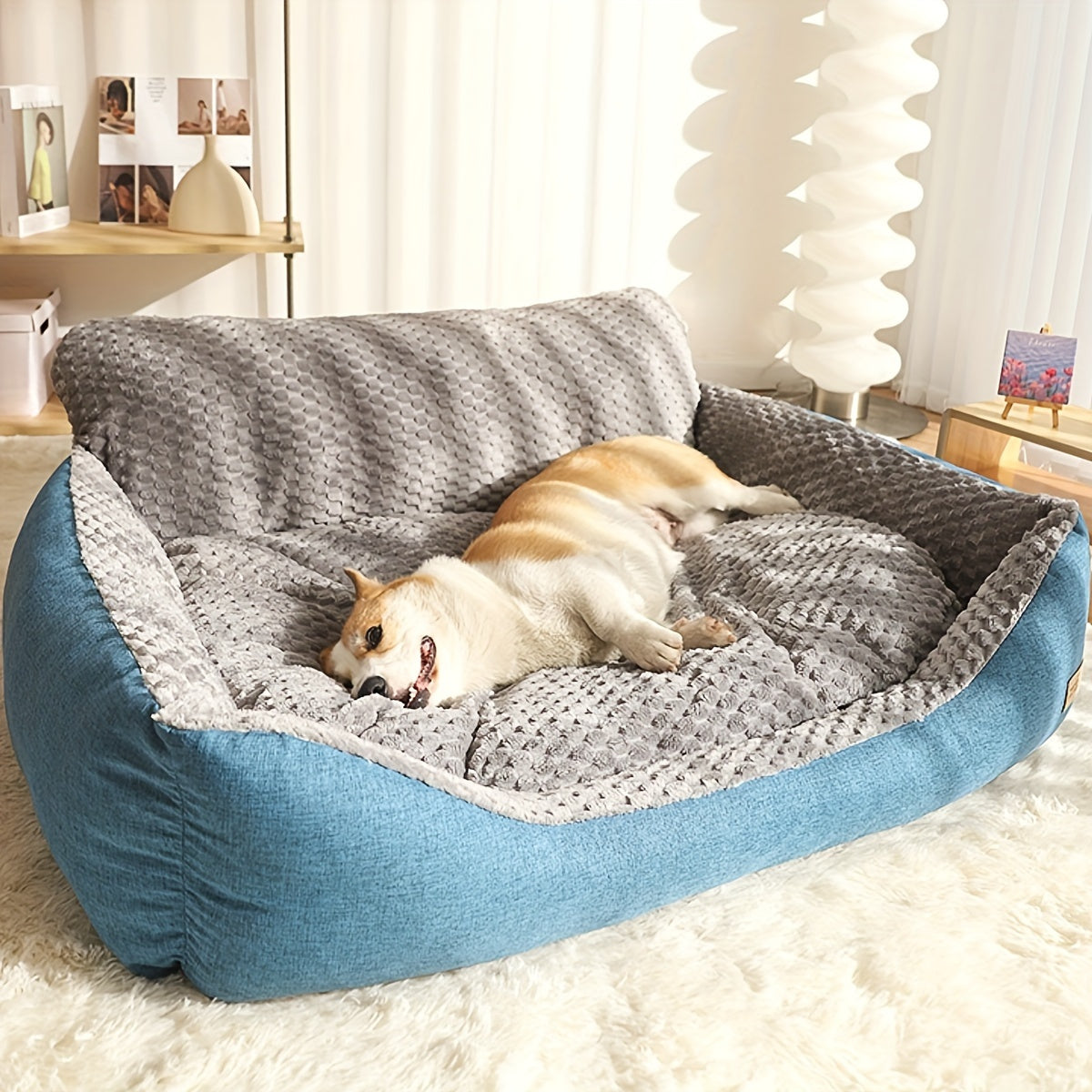 Luxury Plush Pet Sofa Bed with High Backrest – Thick Warm Washable Dog Bed for Large, Medium, and Small Dogs & Cats, All-Season Comfort, Easy-Clean Cover, Sizes S, L, XL, Grey Blue