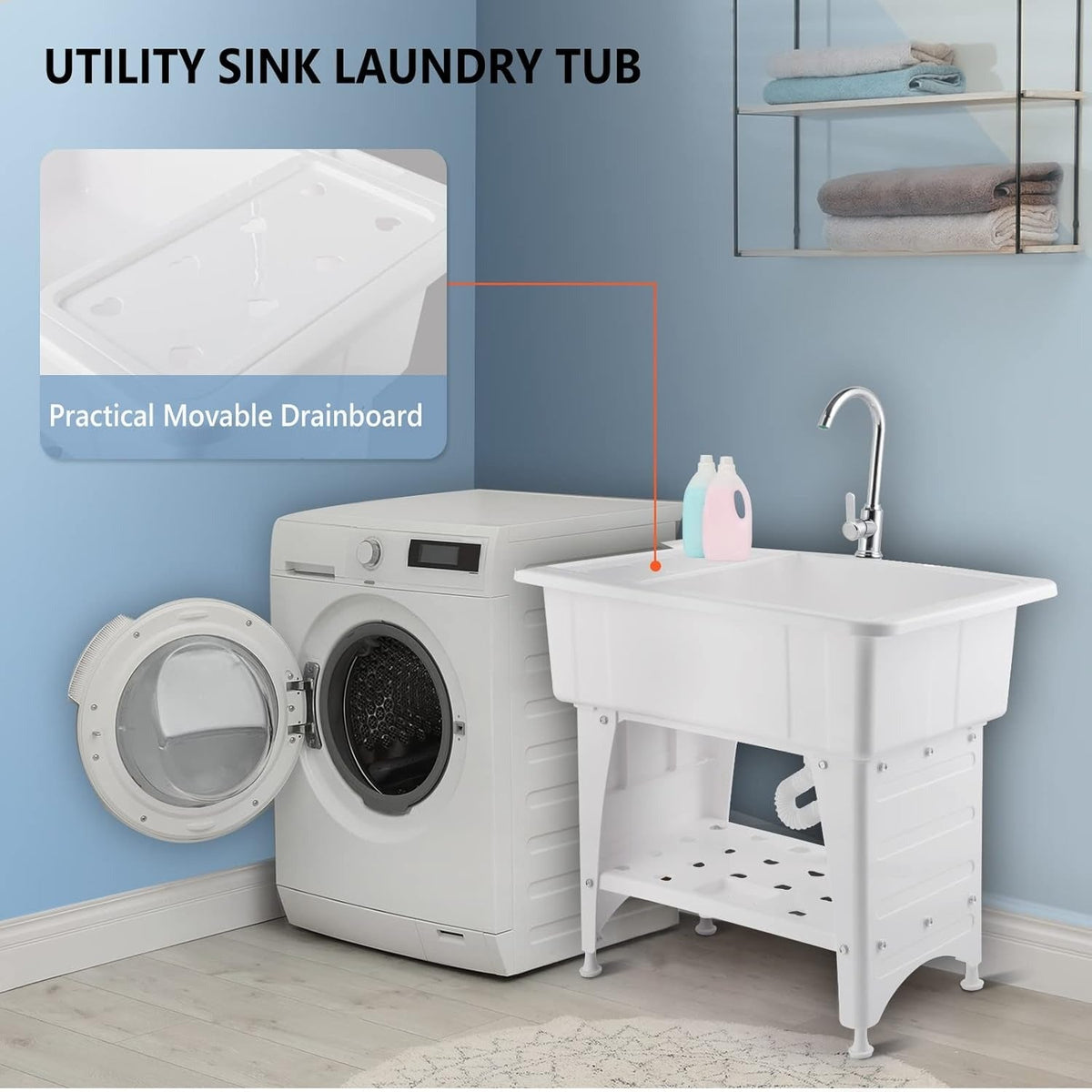 20-Gallon Freestanding Utility Sink Laundry Tub with Stainless Steel Faucet, Removable Drainboard, Storage Shelf & Soap Box for Laundry Room Garage Mudroom & Basement – Tool-Free Install, Black & White