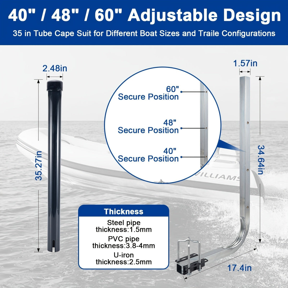 Adjustable Boat Trailer Guide Poles 31"-60" L-Shaped Galvanized Stainless Steel with Black PVC Pipes - Trailer Guide-Ons for Ski Boat, Fishing Boat & Sailboat Trailer