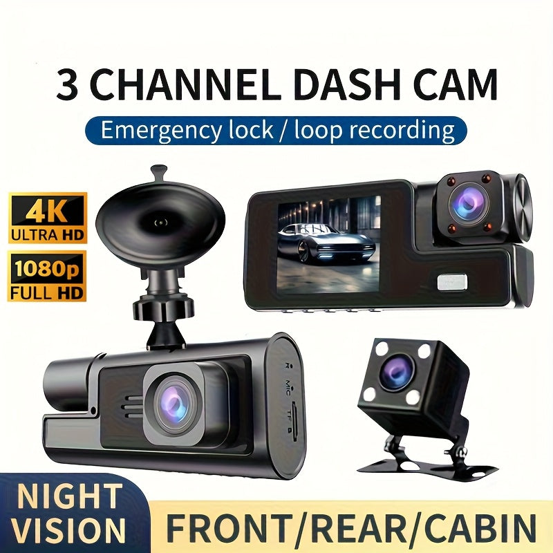 3-Channel Dash Cam, 4K Front + 4K Interior + 1080P Rear, includes Free 32GB Card, Night Vision, G-Sensor, Wide Angle, Real-Time Recording & Parking Monitor – Velora