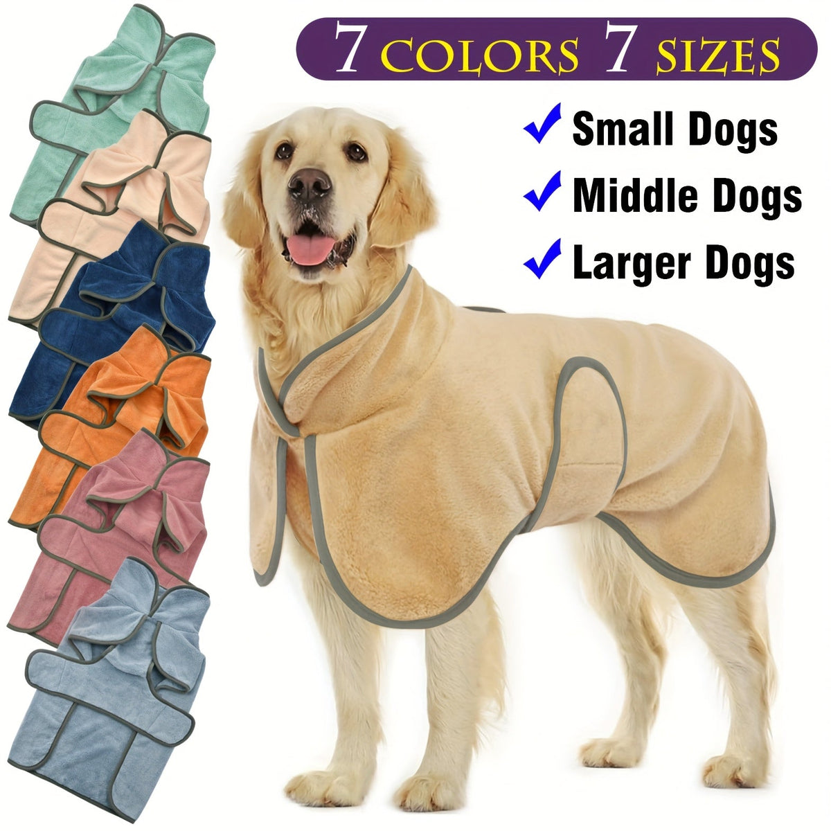Dog Bathrobe Quick-Dry Super Absorbent Post-Bath Pet Towel Coat for Small, Medium, and Large Dogs, XS S M L XL XXL 3XL, 7 Colors: Light Blue, Rose Red, Orange, Deep Blue, Green, Khaki, Pink