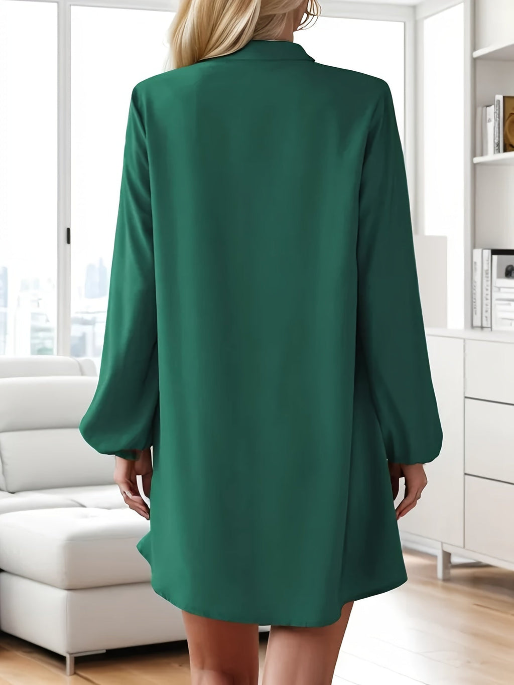 Women's V-Neck Long Sleeve A-Line Flared Dress, Elegant Solid Color Single-Breasted Midi Dress for Spring, Summer, Party, and Casual Wear